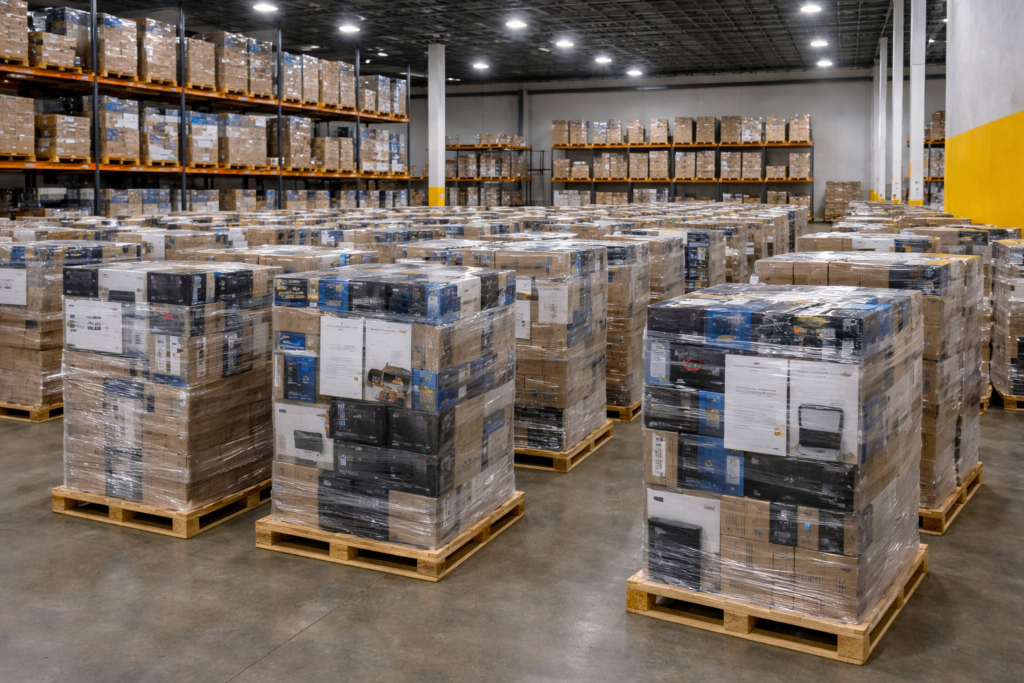 electronics liquidation pallets stacked and shrink-wrapped inside Zeesons Group warehouse ready for shipment